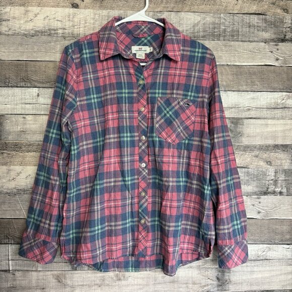 Vineyard Vines Flannel Shirt Women's Size 6 Whale Pink Plaid Cotton - Picture 1 of 7